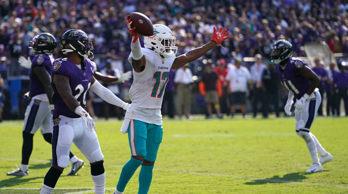 Sep 18, 2022; Baltimore, Maryland, USA; Miami Dolphins wide receiver Jaylen Waddle (17) reacts after his game-winning touchdown catch in the fourth quarter against the Baltimore Ravens at M&T Bank Stadium.